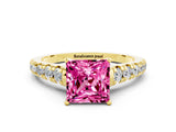 Yellow gold Princess Cut Pink Sapphire Solitaire Ring with Cathedral Setting and Pavé Band_24