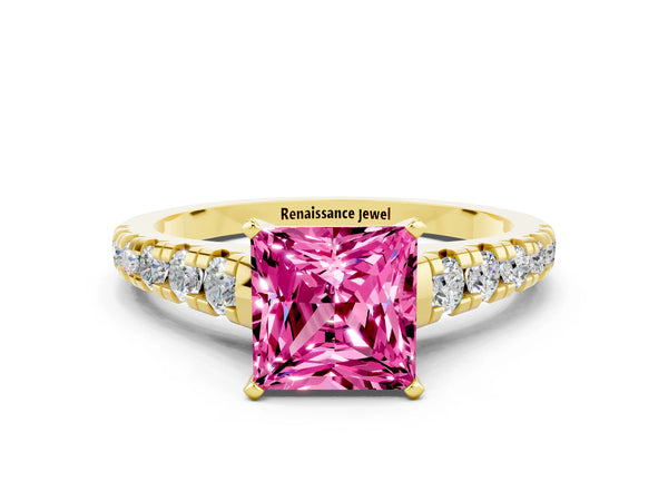 Yellow gold Princess Cut Pink Sapphire Cathedral Solitaire Ring with Round  Pavé Band