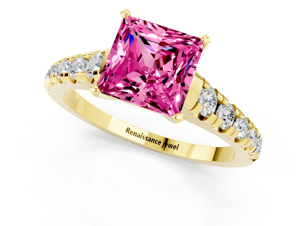 Yellow gold Princess Cut Pink Sapphire Cathedral Solitaire Ring with Round  Pavé Band