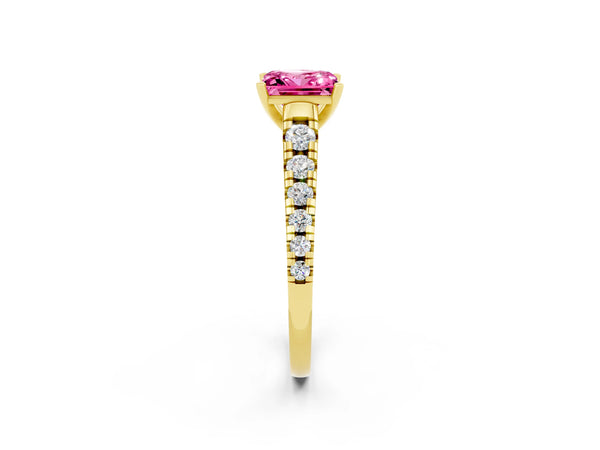 Yellow gold Princess Cut Pink Sapphire Cathedral Solitaire Ring with Round  Pavé Band