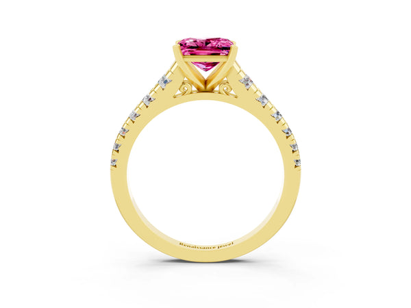 Yellow gold Princess Cut Pink Sapphire Cathedral Solitaire Ring with Round  Pavé Band