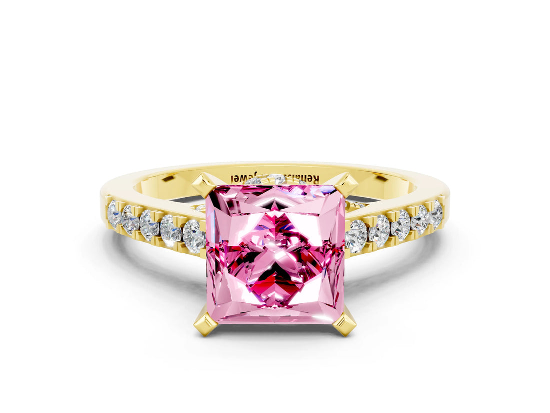Yellow gold Princess Cut Pink Sapphire Solitaire Ring with Crossover Gallery and Round  Pavé Band_12