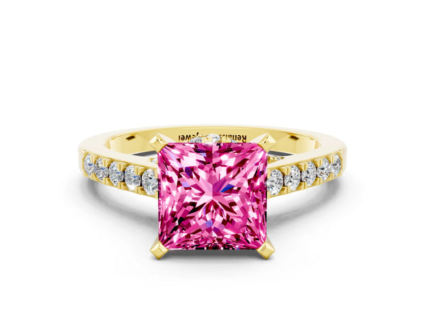Yellow gold Princess Cut Pink Sapphire Solitaire Ring with Crossover Gallery and Round  Pavé Band