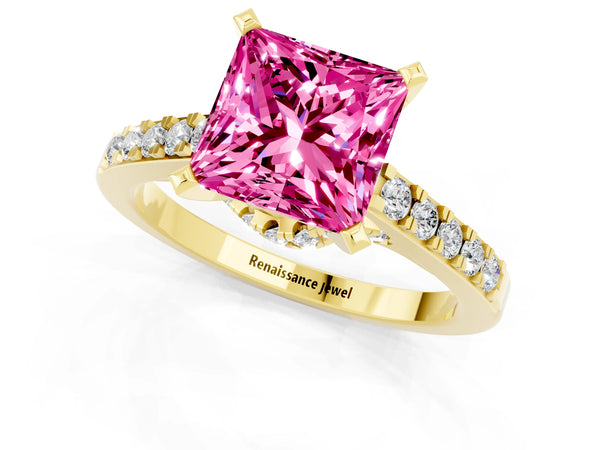 Yellow gold Princess Cut Pink Sapphire Solitaire Ring with Crossover Gallery and Round  Pavé Band