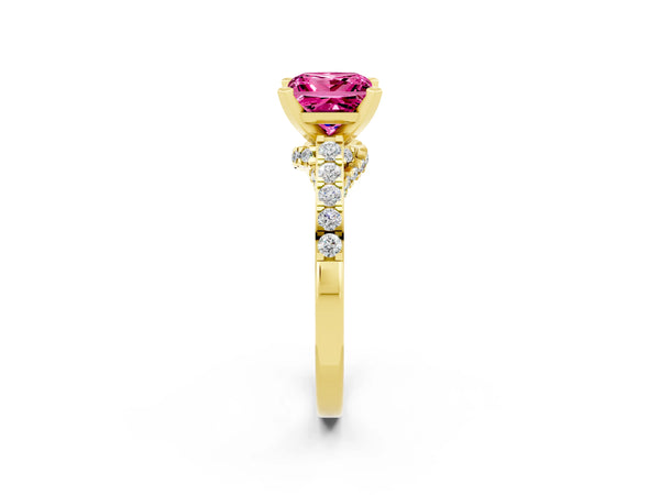 Yellow gold Princess Cut Pink Sapphire Solitaire Ring with Crossover Gallery and Round  Pavé Band