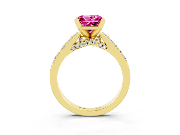 Yellow gold Princess Cut Pink Sapphire Solitaire Ring with Crossover Gallery and Round  Pavé Band