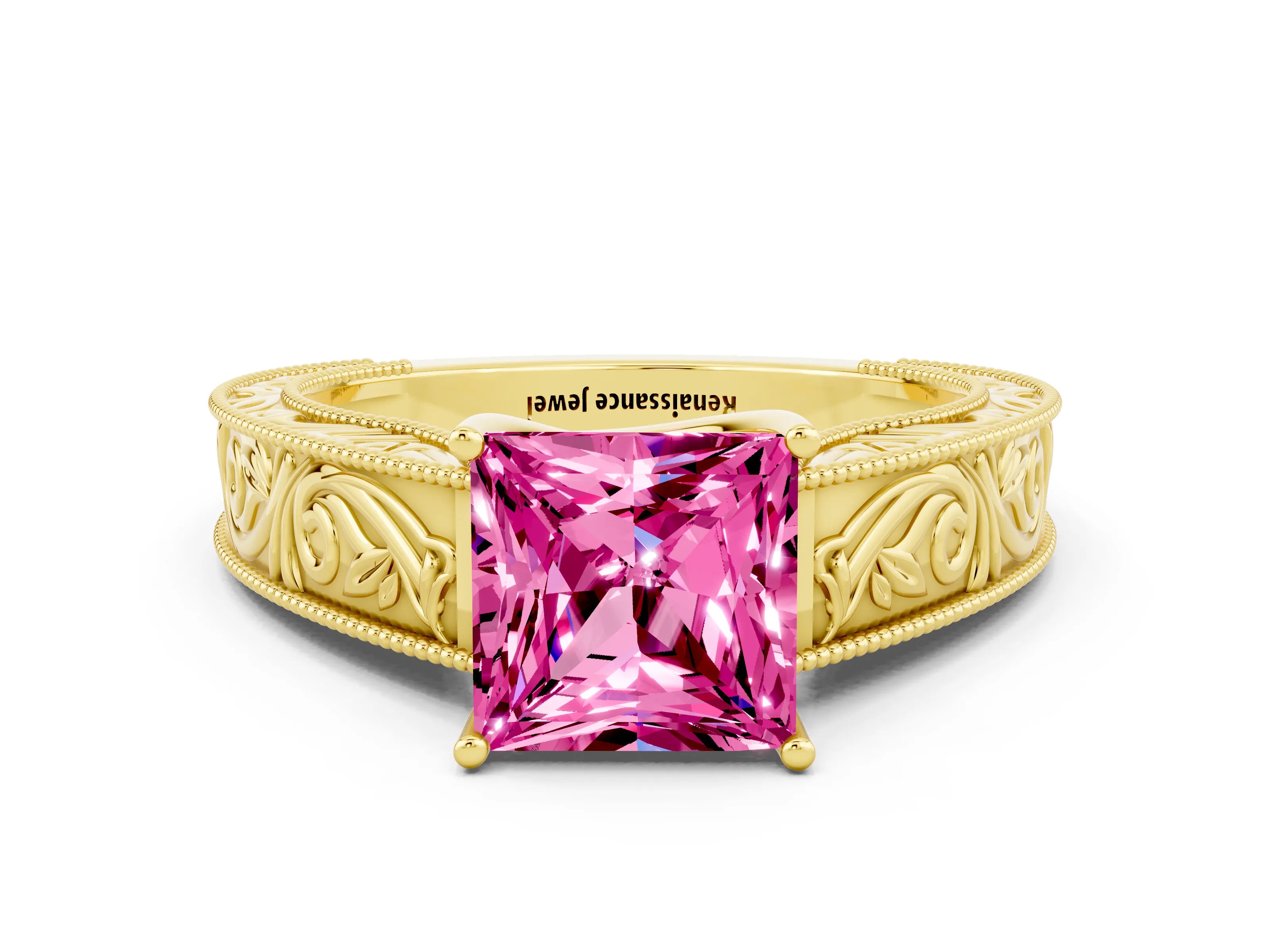 Yellow gold Princess Cut Pink Sapphire Solitaire Ring with Engraved Band and Four-Prong Setting