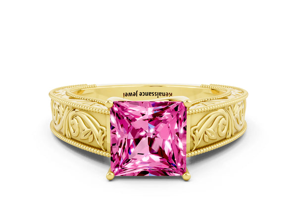 Yellow gold Princess Cut Pink Sapphire Solitaire Ring with Engraved Band and Four-Prong Setting