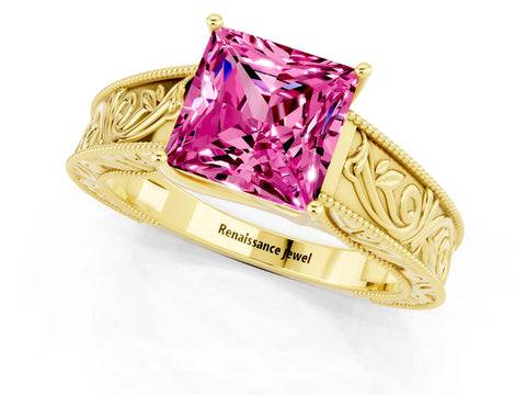 Yellow gold Princess Cut Pink Sapphire Solitaire Ring with Engraved Band and Four-Prong Setting_1