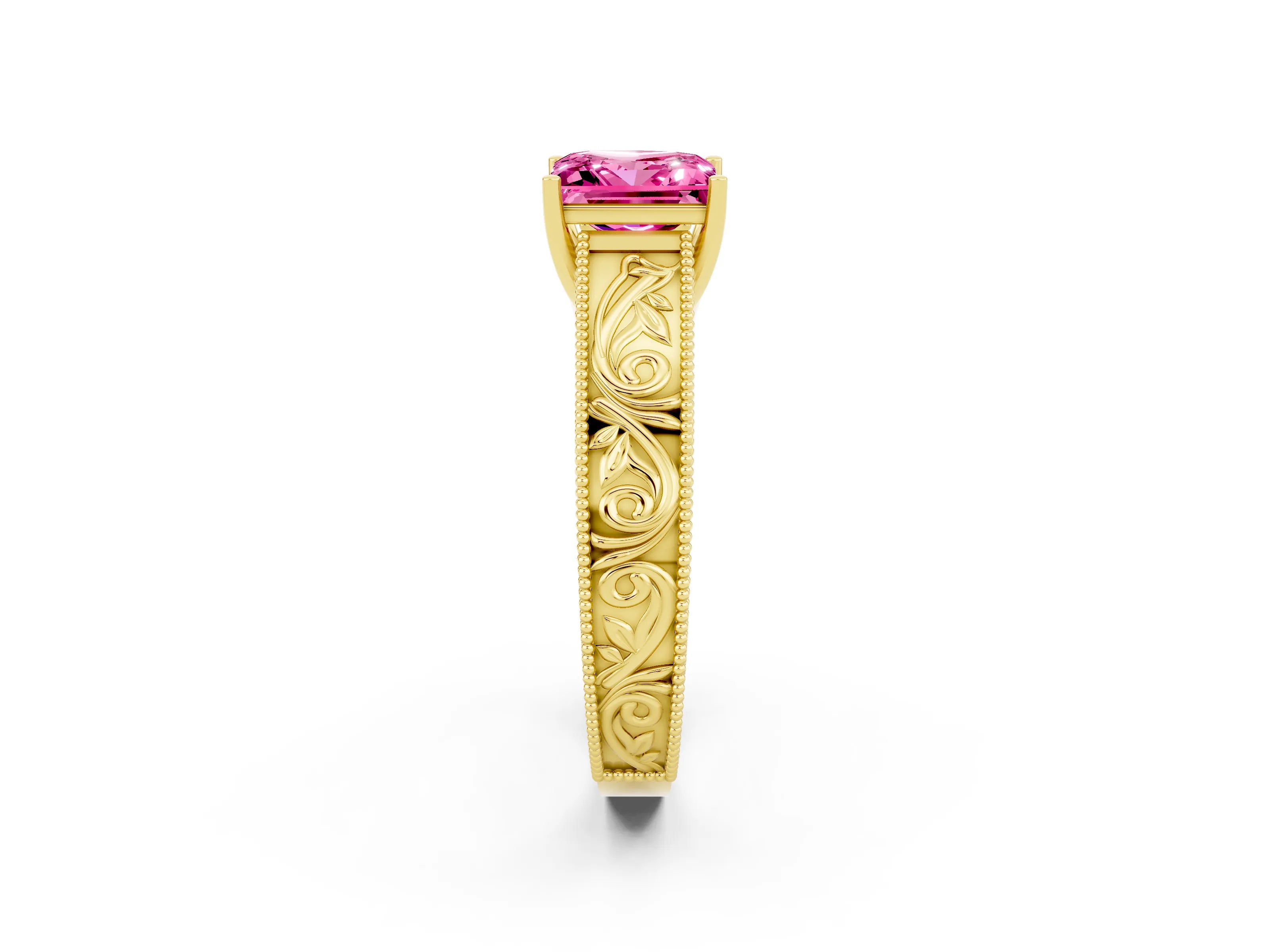 Yellow gold Princess Cut Pink Sapphire Solitaire Ring with Engraved Band and Four-Prong Setting_2