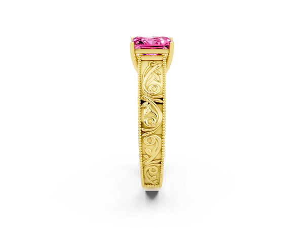 Yellow gold Princess Cut Pink Sapphire Solitaire Ring with Engraved Band and Four-Prong Setting