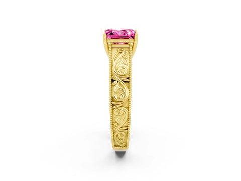Yellow gold Princess Cut Pink Sapphire Solitaire Ring with Engraved Band and Four-Prong Setting_2