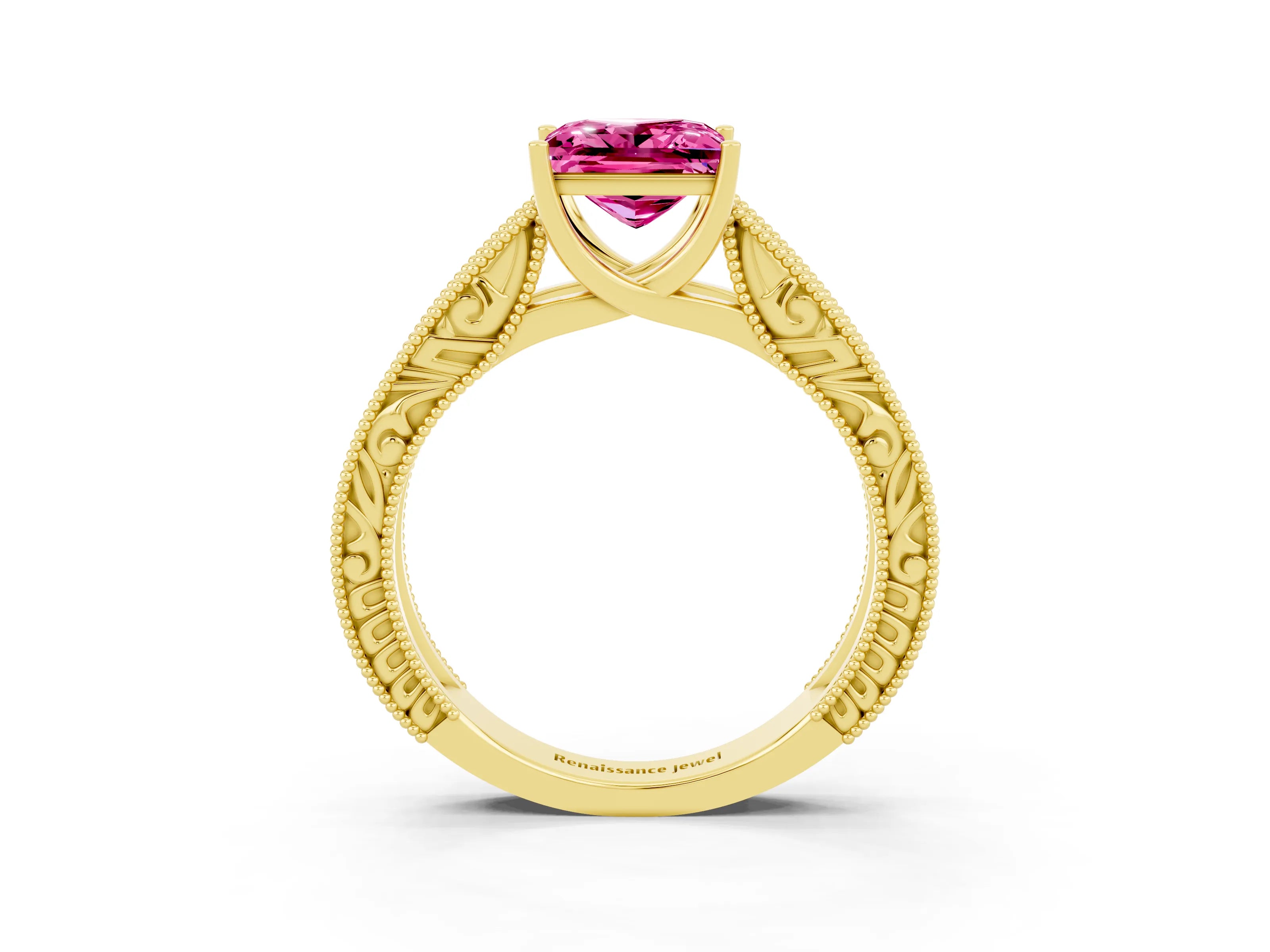 Yellow gold Princess Cut Pink Sapphire Solitaire Ring with Engraved Band and Four-Prong Setting_3