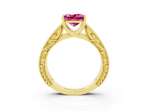 Yellow gold Princess Cut Pink Sapphire Solitaire Ring with Engraved Band and Four-Prong Setting_3