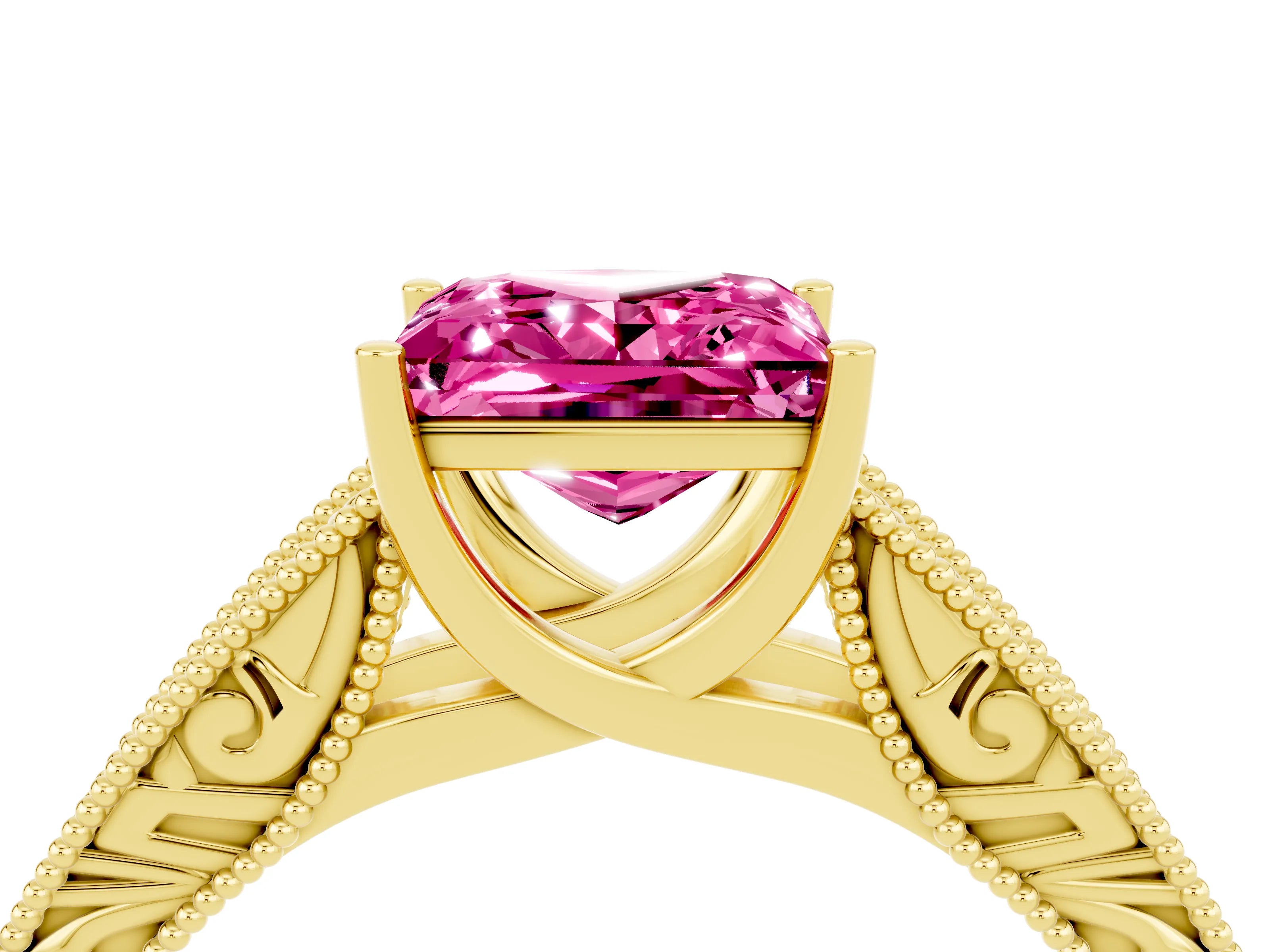 Yellow gold Princess Cut Pink Sapphire Solitaire Ring with Engraved Band and Four-Prong Setting_4