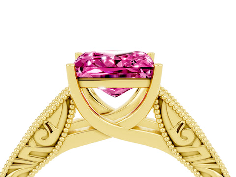 Yellow gold Princess Cut Pink Sapphire Solitaire Ring with Engraved Band and Four-Prong Setting_4