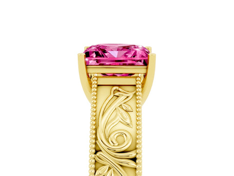 Yellow gold Princess Cut Pink Sapphire Solitaire Ring with Engraved Band and Four-Prong Setting_5