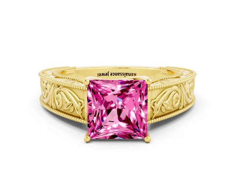 Yellow gold Princess Cut Pink Sapphire Solitaire Ring with Engraved Band and Four-Prong Setting