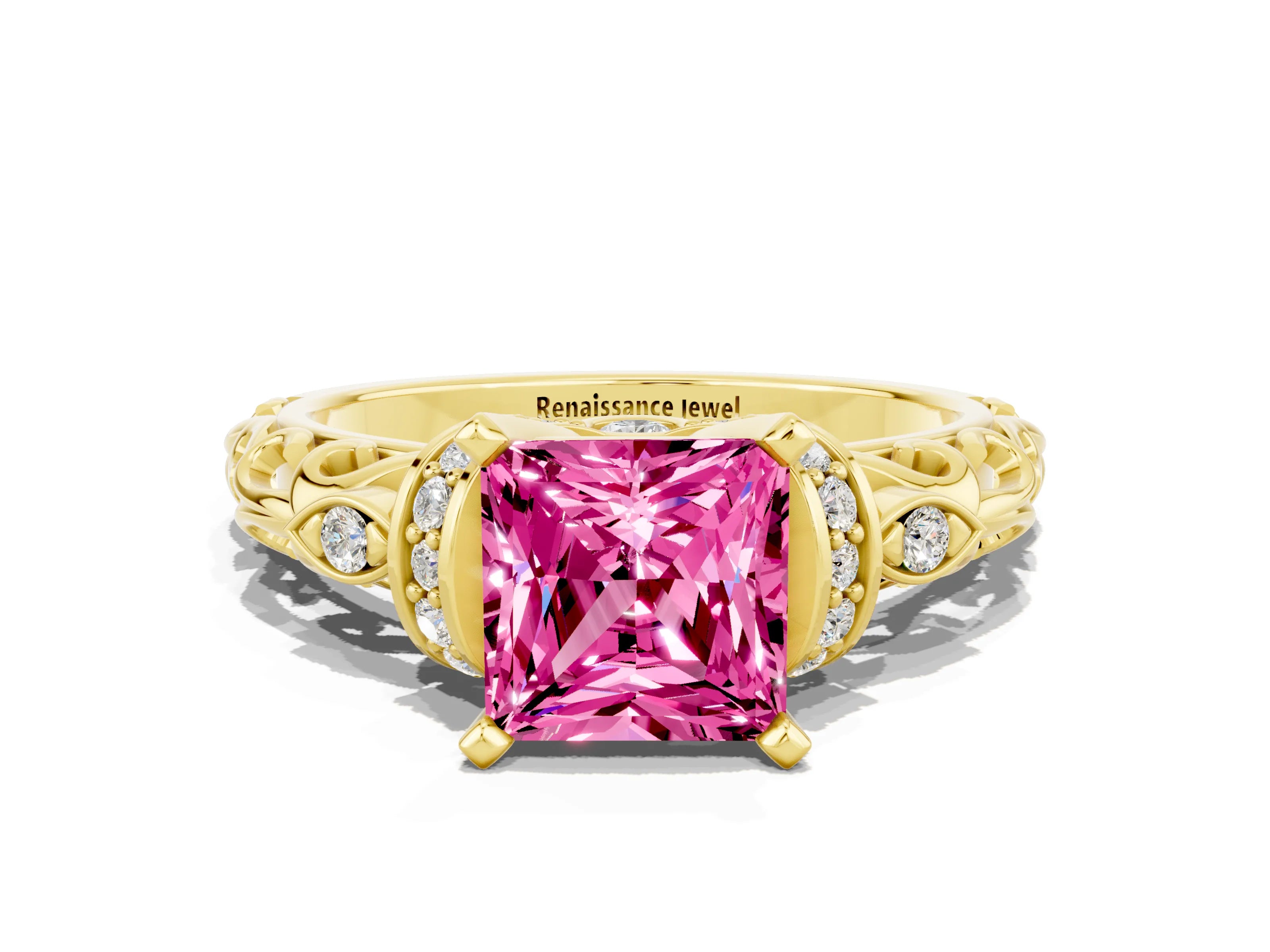 Yellow gold Princess Cut Pink Sapphire Solitaire Ring with Filigree Band and Four-Prong Setting_48
