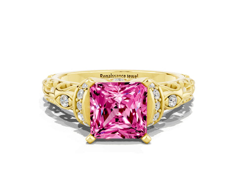 Yellow gold Princess Cut Pink Sapphire Solitaire Ring with Filigree Band and Four-Prong Setting_48