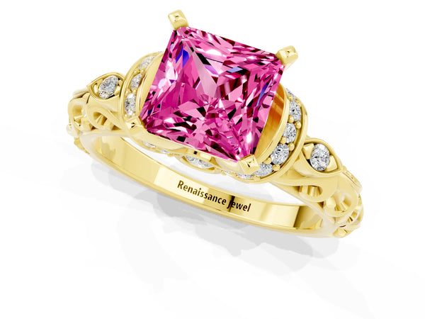 Yellow gold Princess Cut Pink Sapphire Solitaire Ring with Filigree Band and Four-Prong Setting