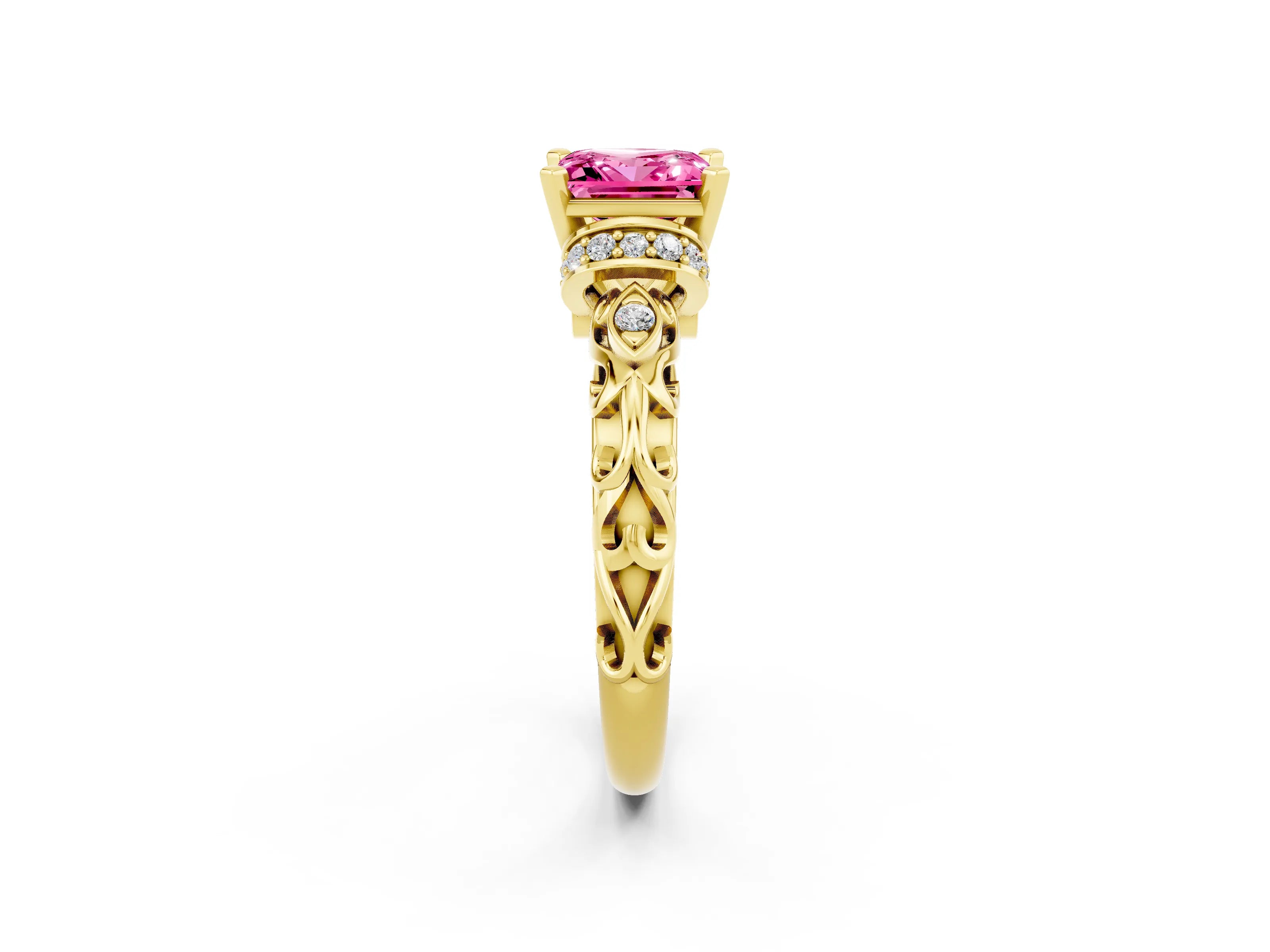 Yellow gold Princess Cut Pink Sapphire Solitaire Ring with Filigree Band and Four-Prong Setting_50