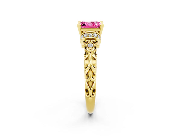 Yellow gold Princess Cut Pink Sapphire Solitaire Ring with Filigree Band and Four-Prong Setting