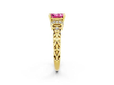 Yellow gold Princess Cut Pink Sapphire Solitaire Ring with Filigree Band and Four-Prong Setting_50