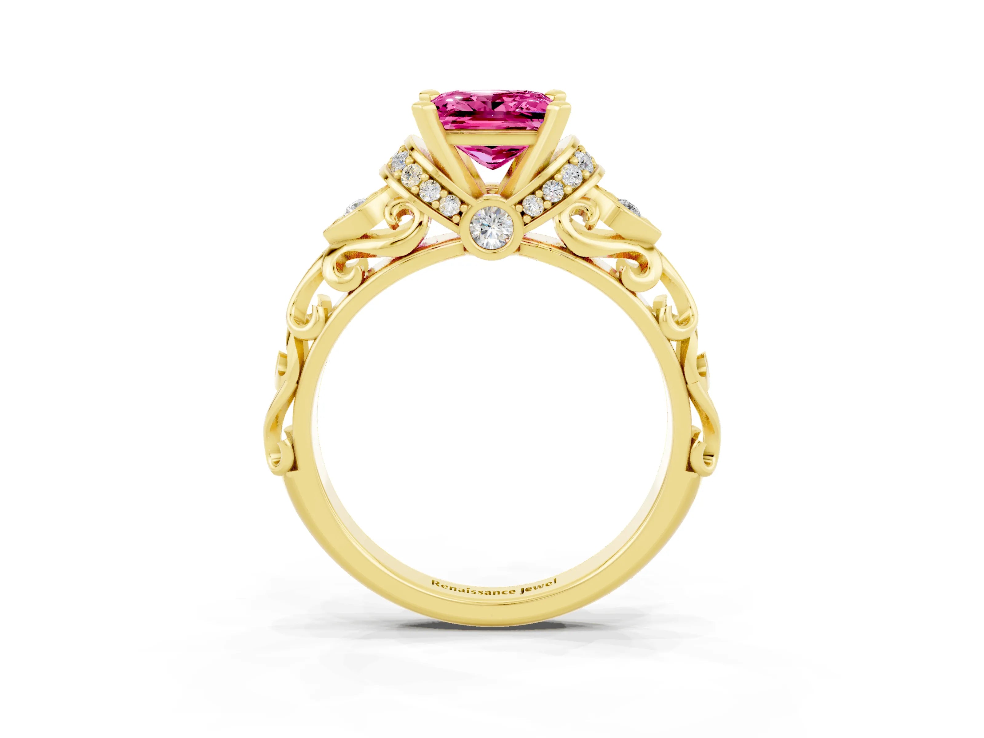 Yellow gold Princess Cut Pink Sapphire Solitaire Ring with Filigree Band and Four-Prong Setting_51