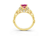 Yellow gold Princess Cut Pink Sapphire Solitaire Ring with Filigree Band and Four-Prong Setting_51