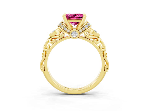 Yellow gold Princess Cut Pink Sapphire Solitaire Ring with Filigree Band and Four-Prong Setting_51
