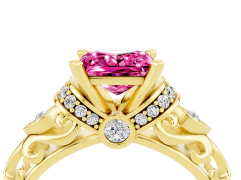 Yellow gold Princess Cut Pink Sapphire Solitaire Ring with Filigree Band and Four-Prong Setting_52