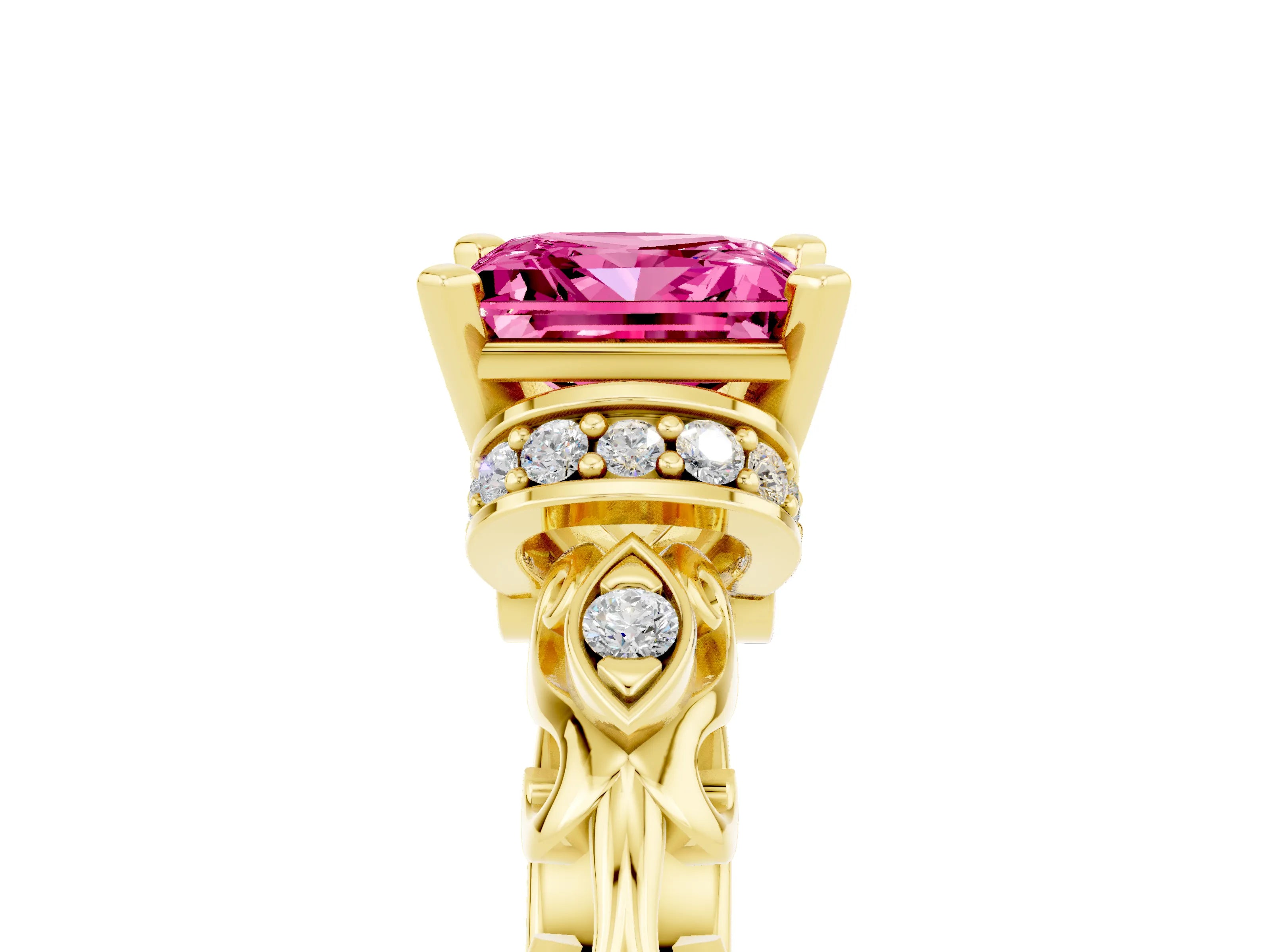 Yellow gold Princess Cut Pink Sapphire Solitaire Ring with Filigree Band and Four-Prong Setting_53