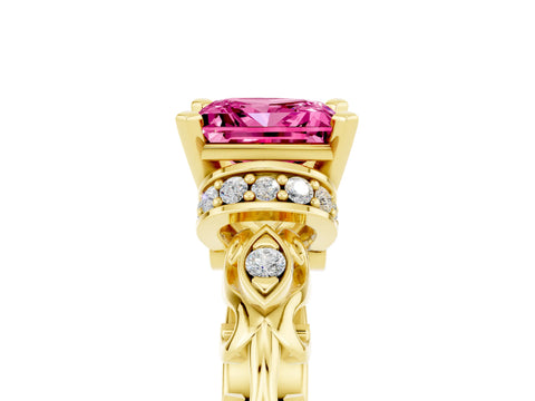 Yellow gold Princess Cut Pink Sapphire Solitaire Ring with Filigree Band and Four-Prong Setting_53
