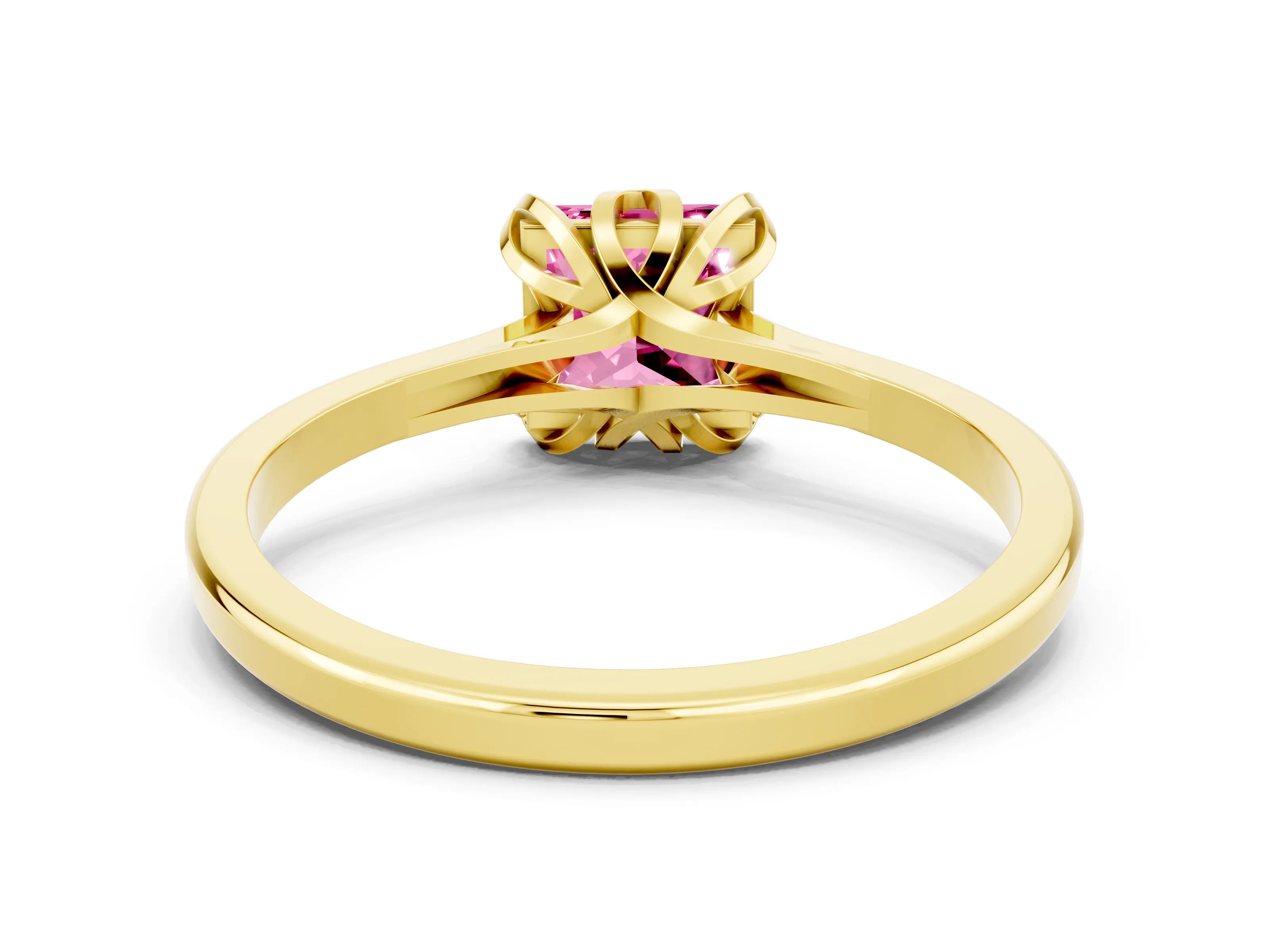 Yellow gold Princess Cut Pink Sapphire Solitaire Ring with Flower Prong Setting and Classic Band_36