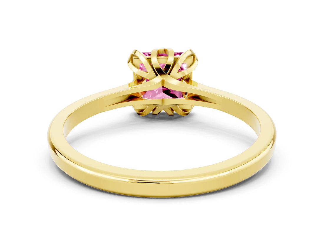 Yellow gold Princess Cut Pink Sapphire Solitaire Ring with Flower Prong Setting and Classic Band_36