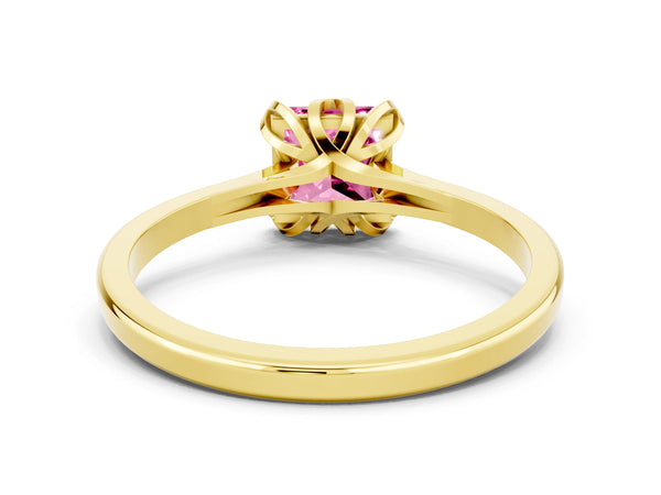 Yellow gold Princess Cut Pink Sapphire Solitaire Ring with Flower Prong Setting and Classic Band