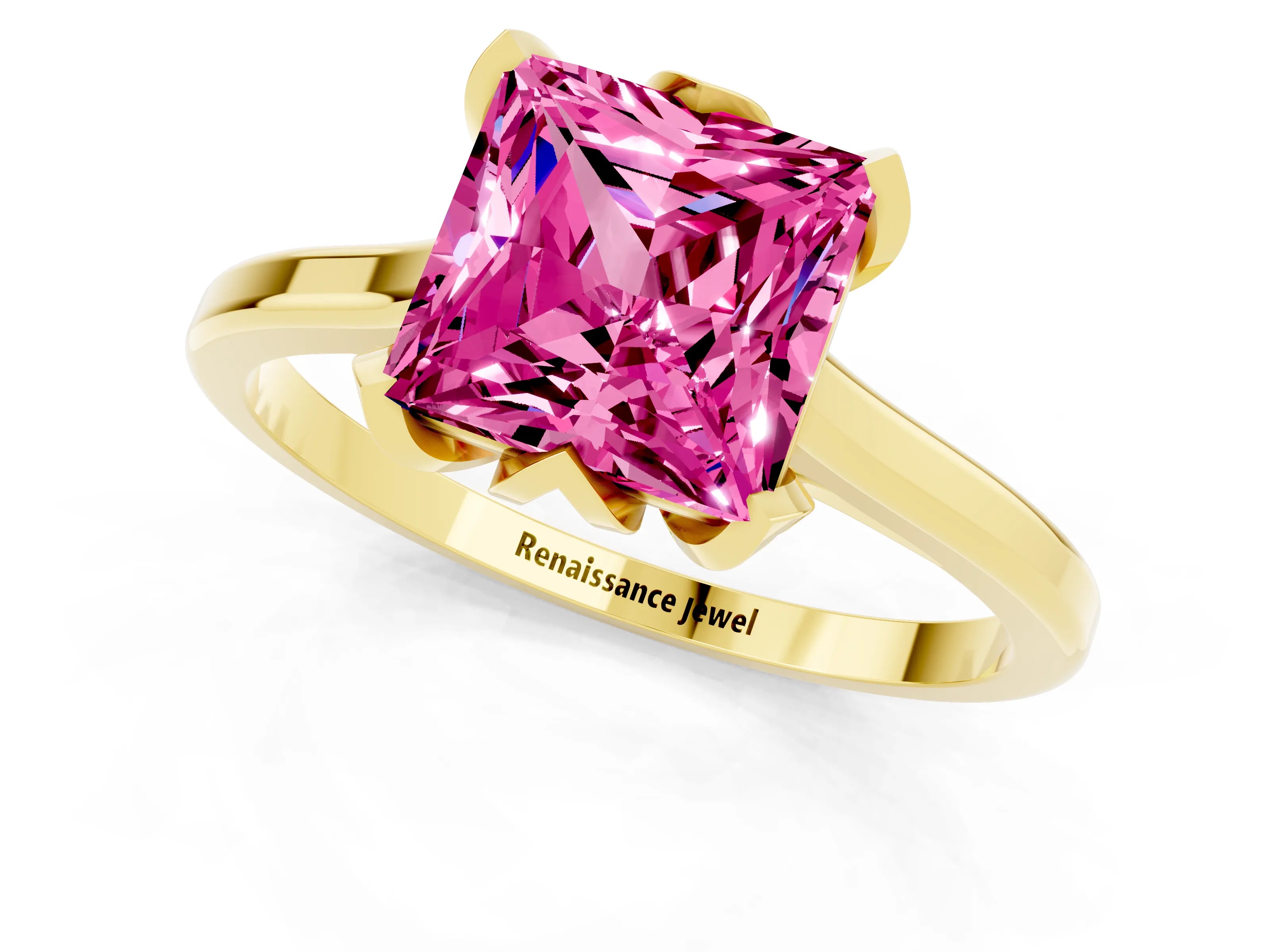 Yellow gold Princess Cut Pink Sapphire Solitaire Ring with Flower Prong Setting and Classic Band_37