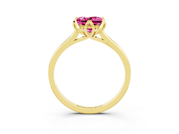 Yellow gold Princess Cut Pink Sapphire Solitaire Ring with Flower Prong Setting and Classic Band