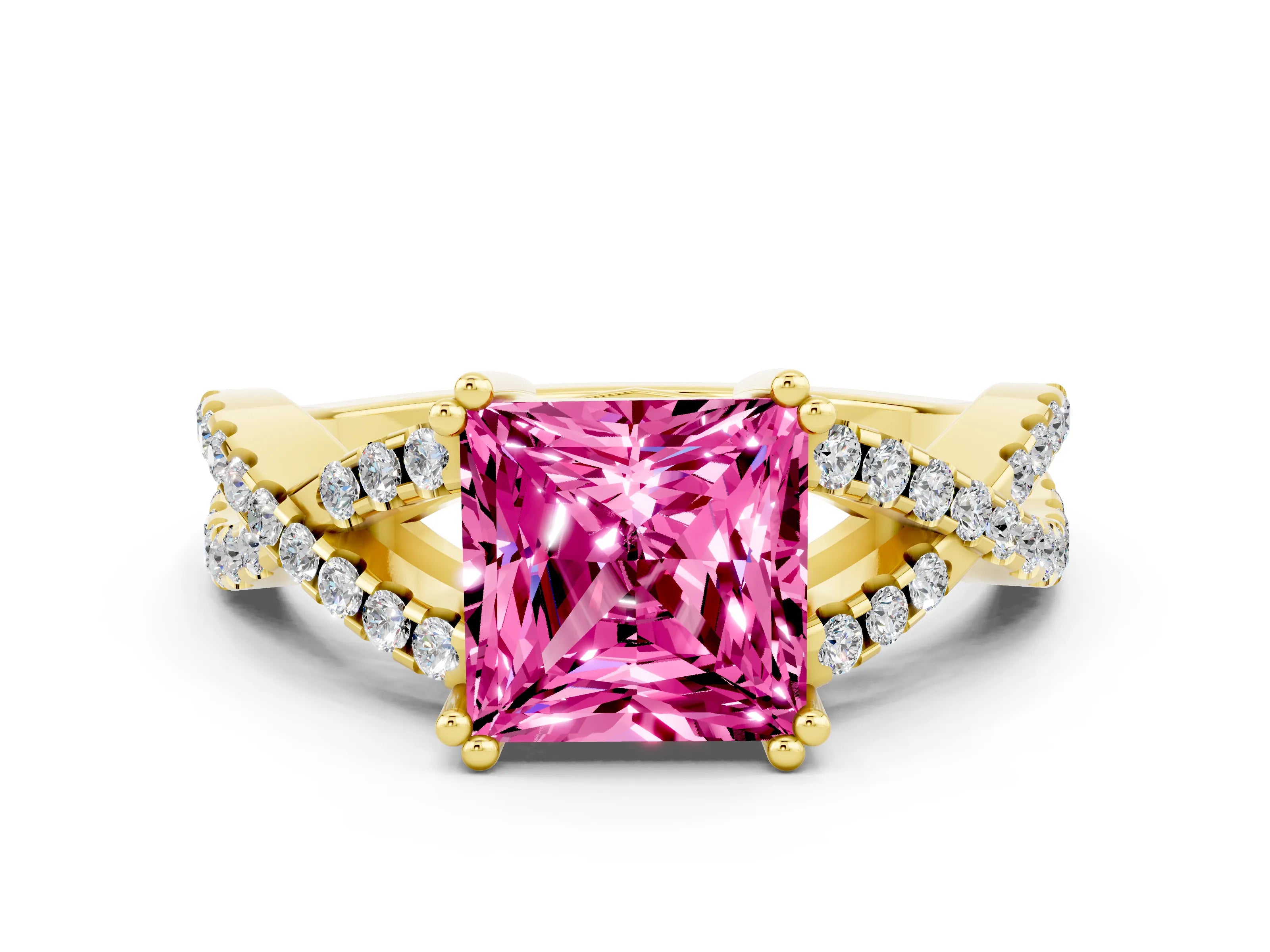 Yellow gold Princess Cut Pink Sapphire Solitaire Ring with Four-Prong Setting and Twisted Pavé Band_12
