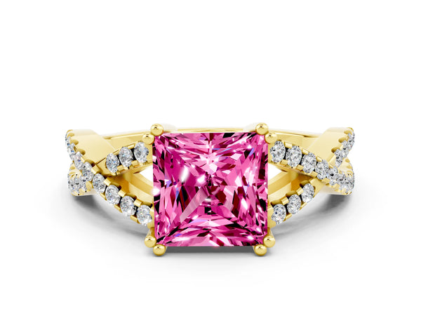 Yellow gold Princess Cut Pink Sapphire Solitaire Ring with Four-Prong Setting and Twisted Pavé Band