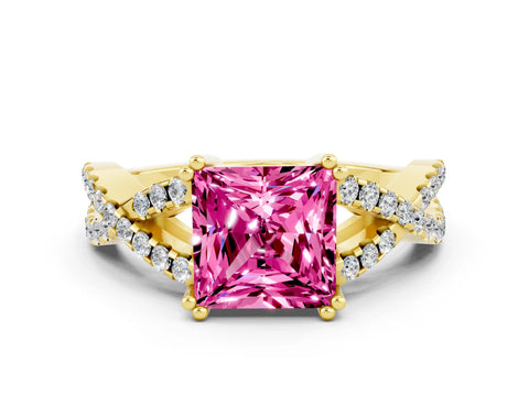 Yellow gold Princess Cut Pink Sapphire Solitaire Ring with Four-Prong Setting and Twisted Pavé Band_12