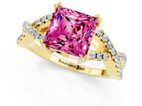 Yellow gold Princess Cut Pink Sapphire Solitaire Ring with Four-Prong Setting and Twisted Pavé Band_13