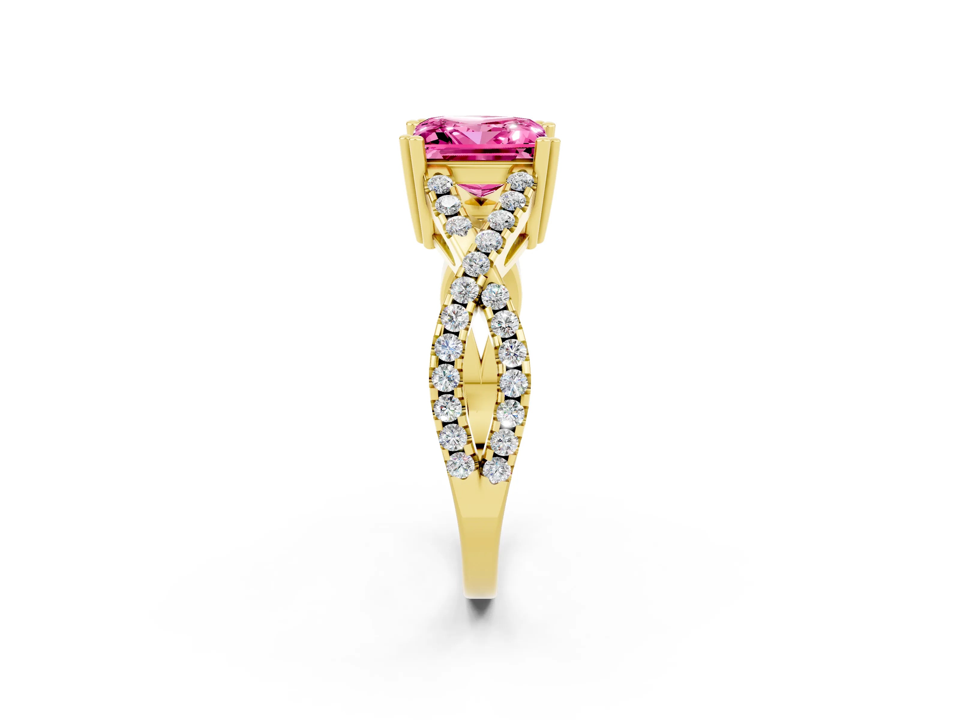 Yellow gold Princess Cut Pink Sapphire Solitaire Ring with Four-Prong Setting and Twisted Pavé Band_14