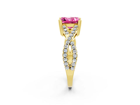 Yellow gold Princess Cut Pink Sapphire Solitaire Ring with Four-Prong Setting and Twisted Pavé Band_14