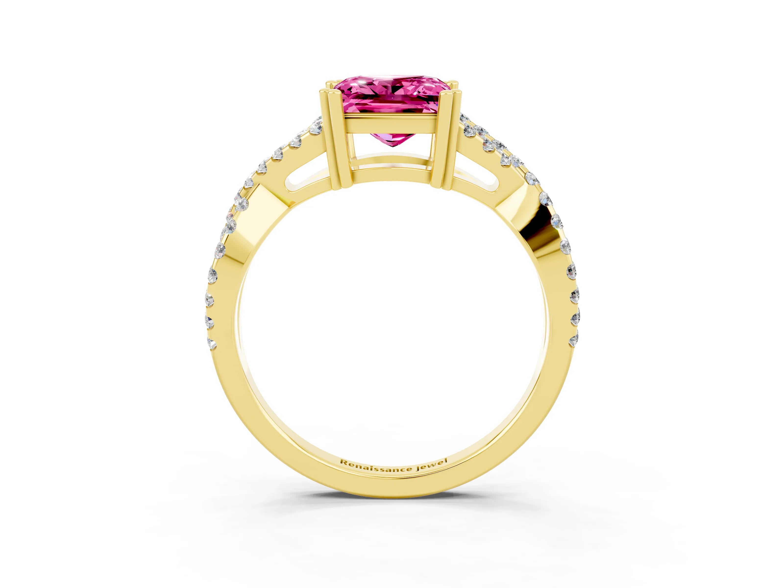 Yellow gold Princess Cut Pink Sapphire Solitaire Ring with Four-Prong Setting and Twisted Pavé Band_15