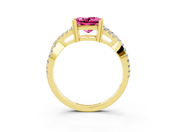 Yellow gold Princess Cut Pink Sapphire Solitaire Ring with Four-Prong Setting and Twisted Pavé Band