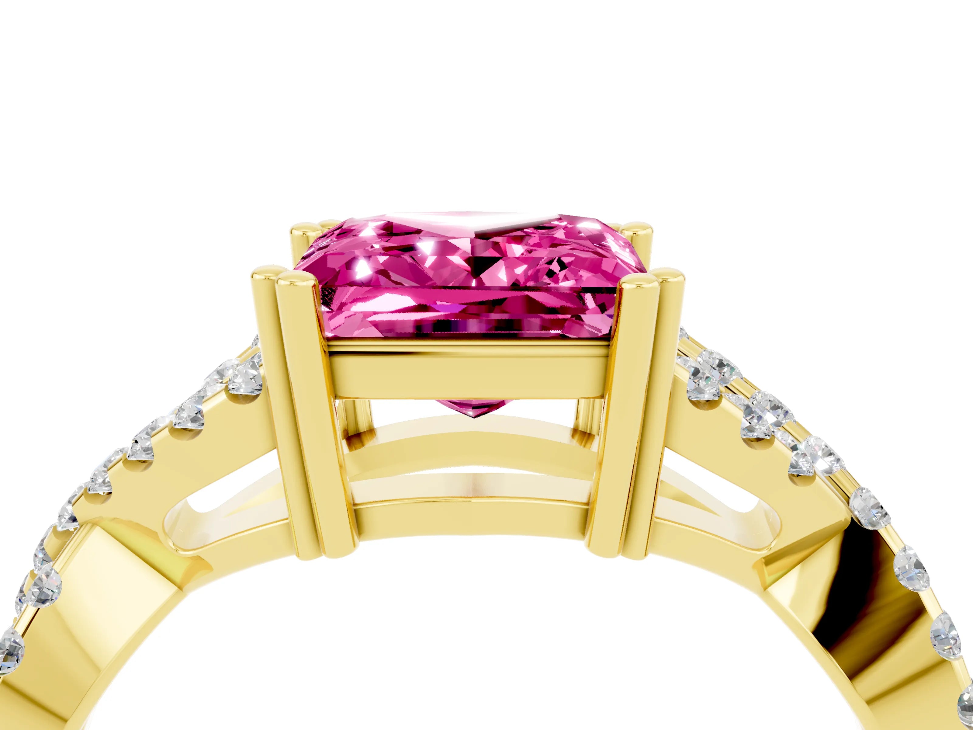 Yellow gold Princess Cut Pink Sapphire Solitaire Ring with Four-Prong Setting and Twisted Pavé Band_16