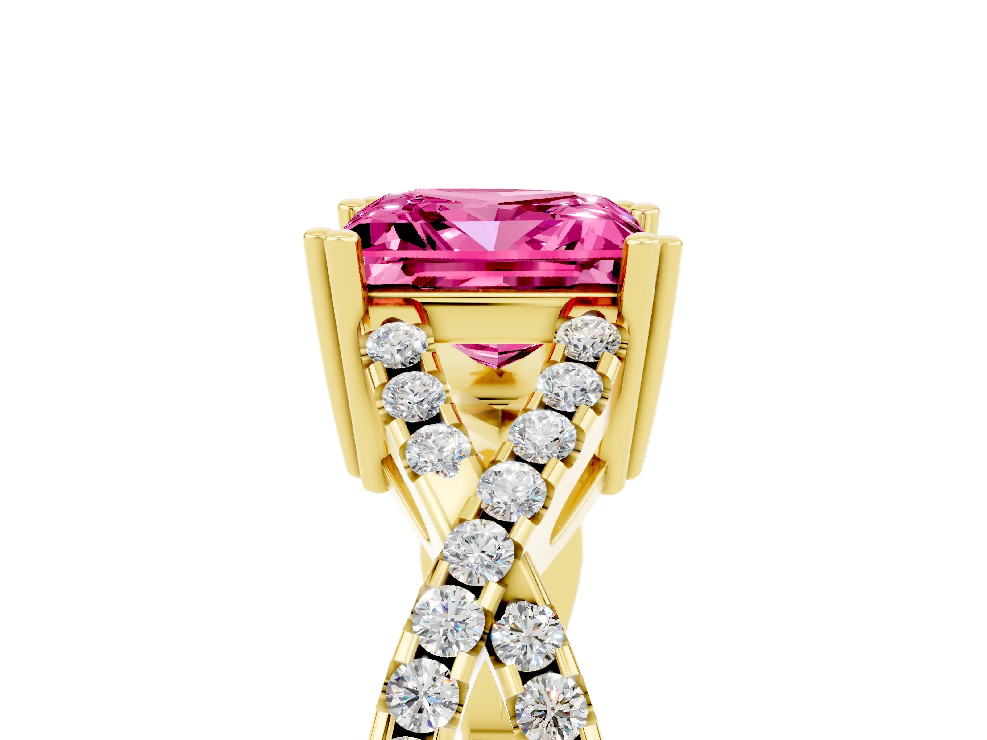 Yellow gold Princess Cut Pink Sapphire Solitaire Ring with Four-Prong Setting and Twisted Pavé Band_17