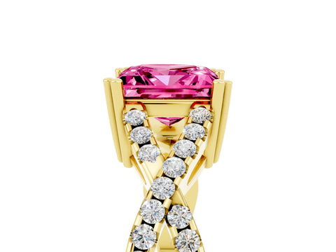 Yellow gold Princess Cut Pink Sapphire Solitaire Ring with Four-Prong Setting and Twisted Pavé Band_17